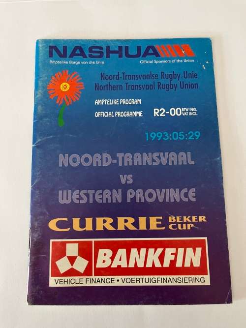 Rugby Programme - Noord-Transvaal vs Western Province 29/05/1993