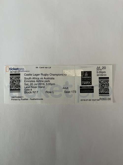 Rugby Ticket - South-Africa vs Australia 20/07/2019
