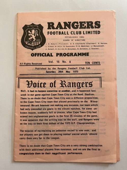 Soccer/Football Match Programme - Rangers vs Hellenic 26/05/1973