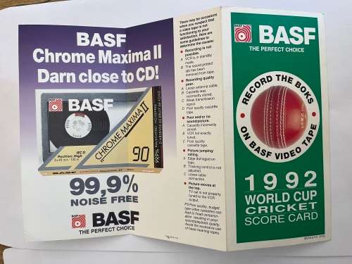 Cricket - 1992 World Cup Cricket Score Card/Itinerary/Fixture Card