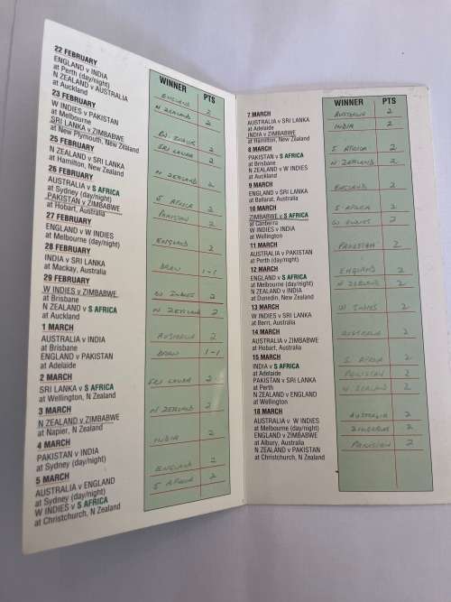Cricket - 1992 World Cup Cricket Score Card/Itinerary/Fixture Card