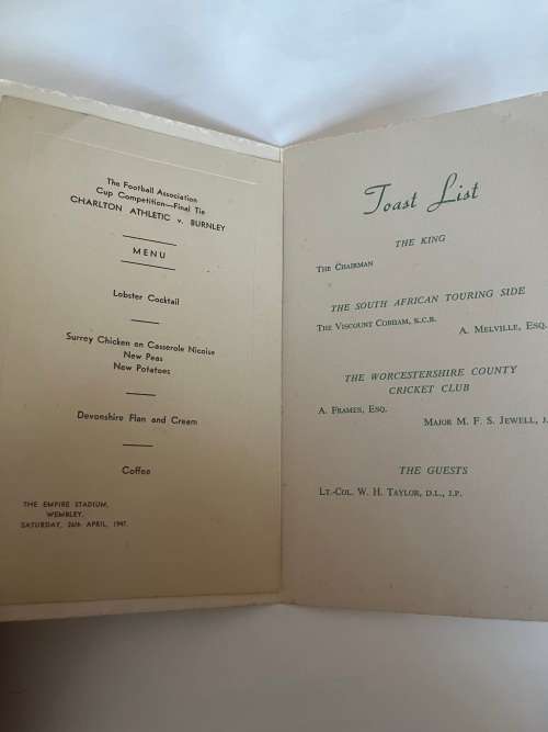 Cricket Dinner Menu - Welcome of the South-African Touring Side in UK 30/04/1947