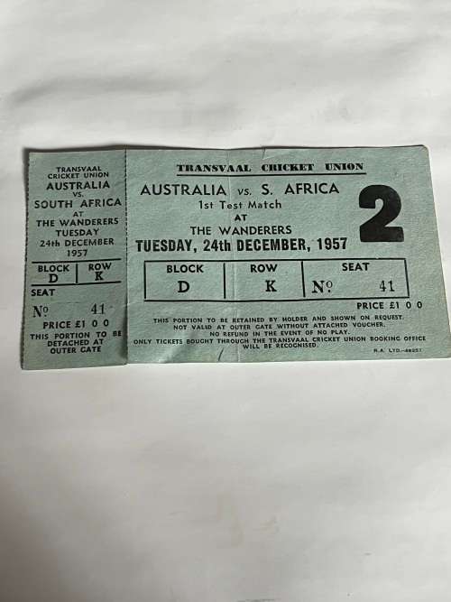 Cricket Ticket - Australia vs South-Africa 24/12/1957