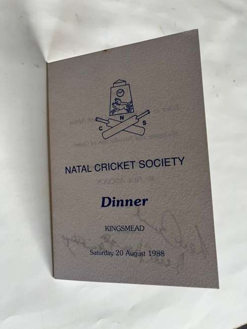 Cricket - Dinner Menu: Natal Cricket Society 20/08/1988 (3 Unknown Signatures)