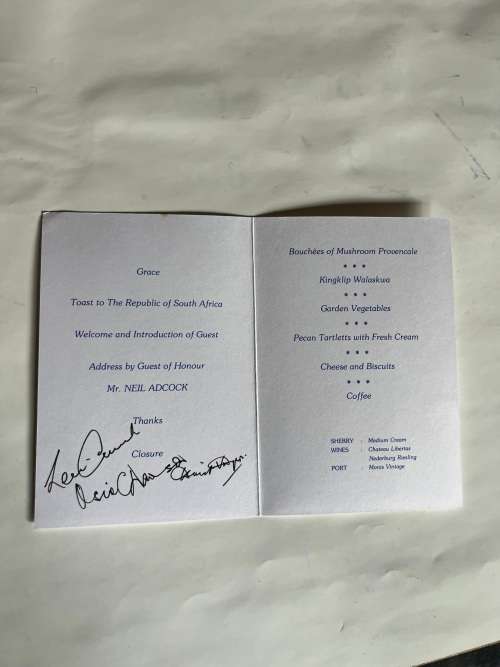 Cricket - Dinner Menu: Natal Cricket Society 20/08/1988 (3 Unknown Signatures)