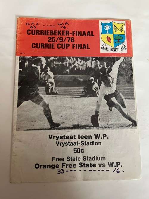 Rugby Programme - Free State vs Western Province Currie Cup FINAL 25/09/1975
