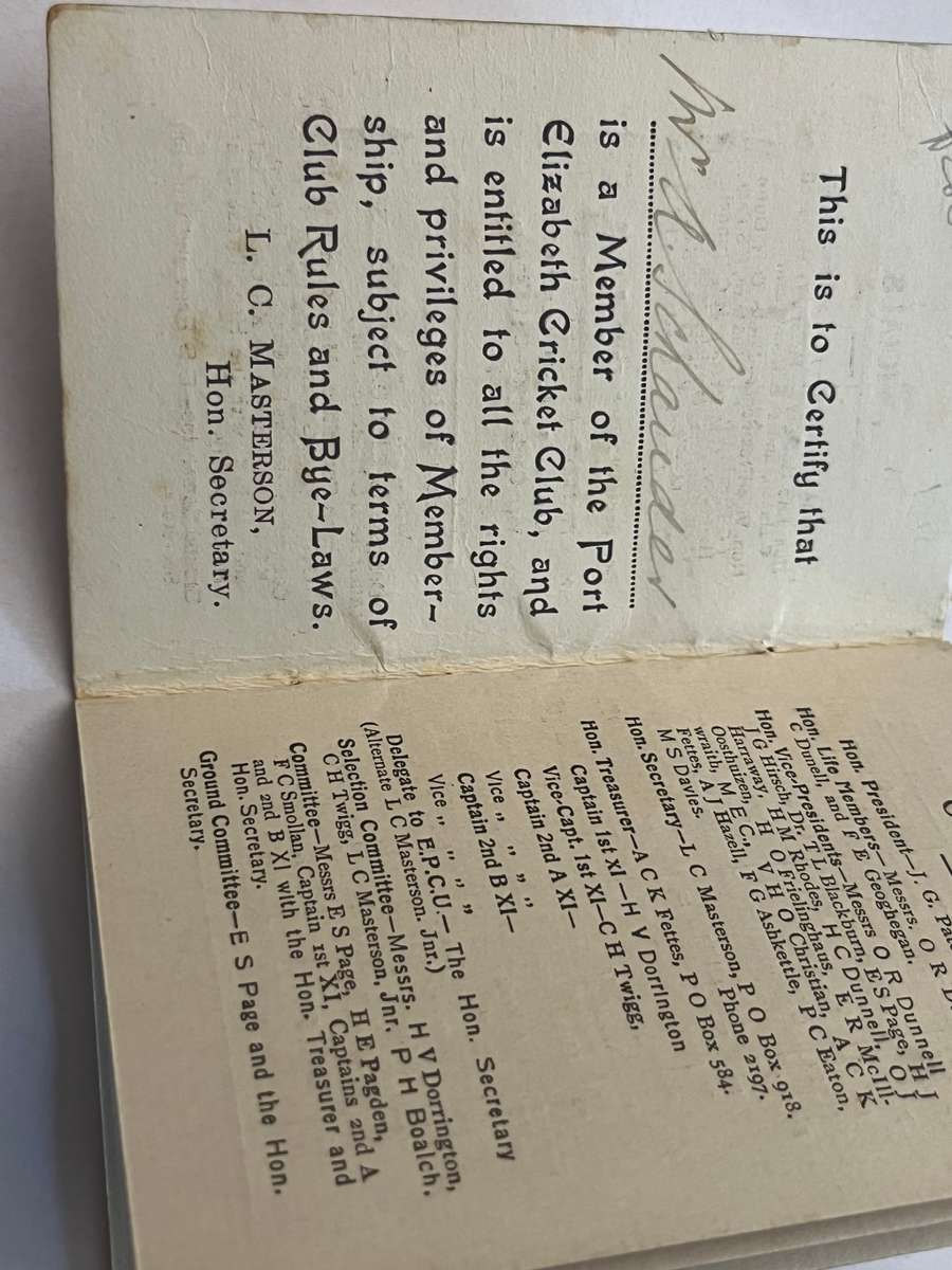 Cricket Itinerary/membership card - 1929/1930 Port-Elizabeth Cricket Club