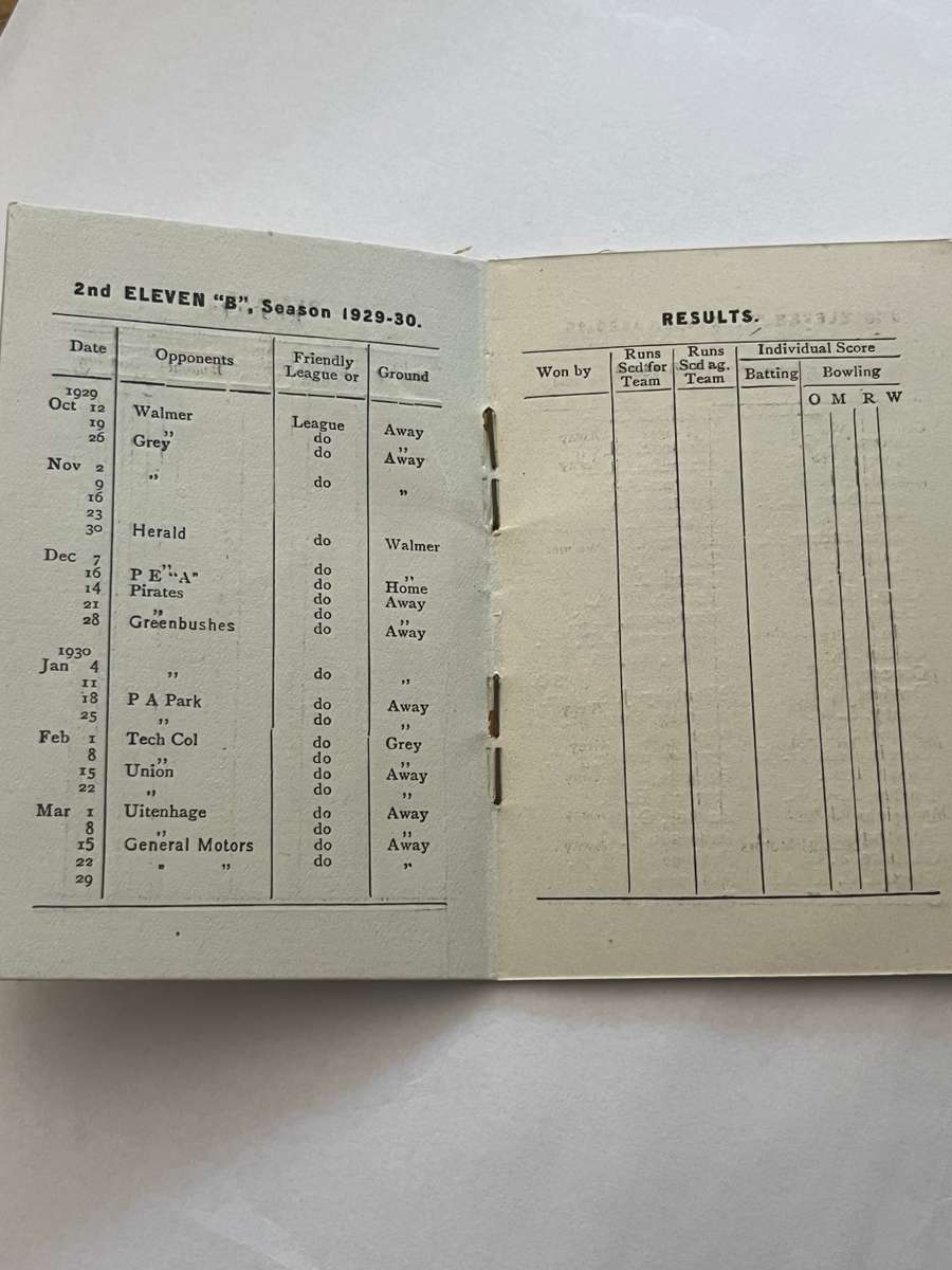 Cricket Itinerary/membership card - 1929/1930 Port-Elizabeth Cricket Club