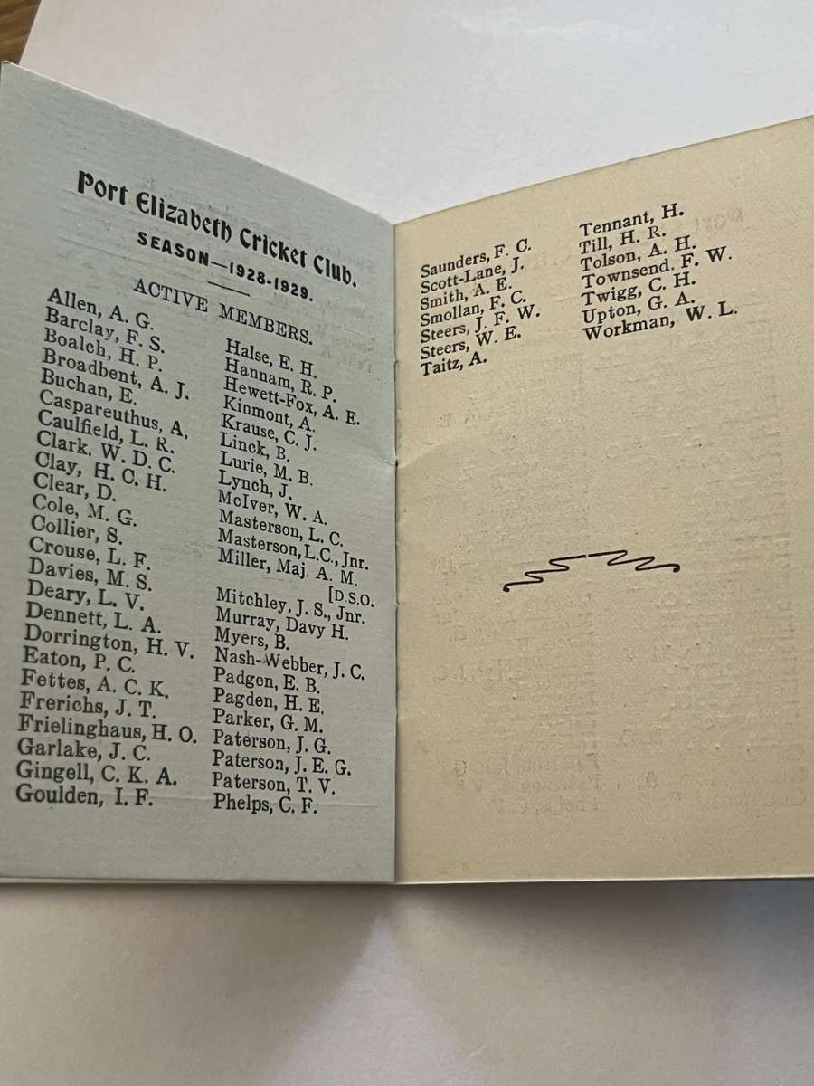 Cricket Itinerary/membership card - 1929/1930 Port-Elizabeth Cricket Club