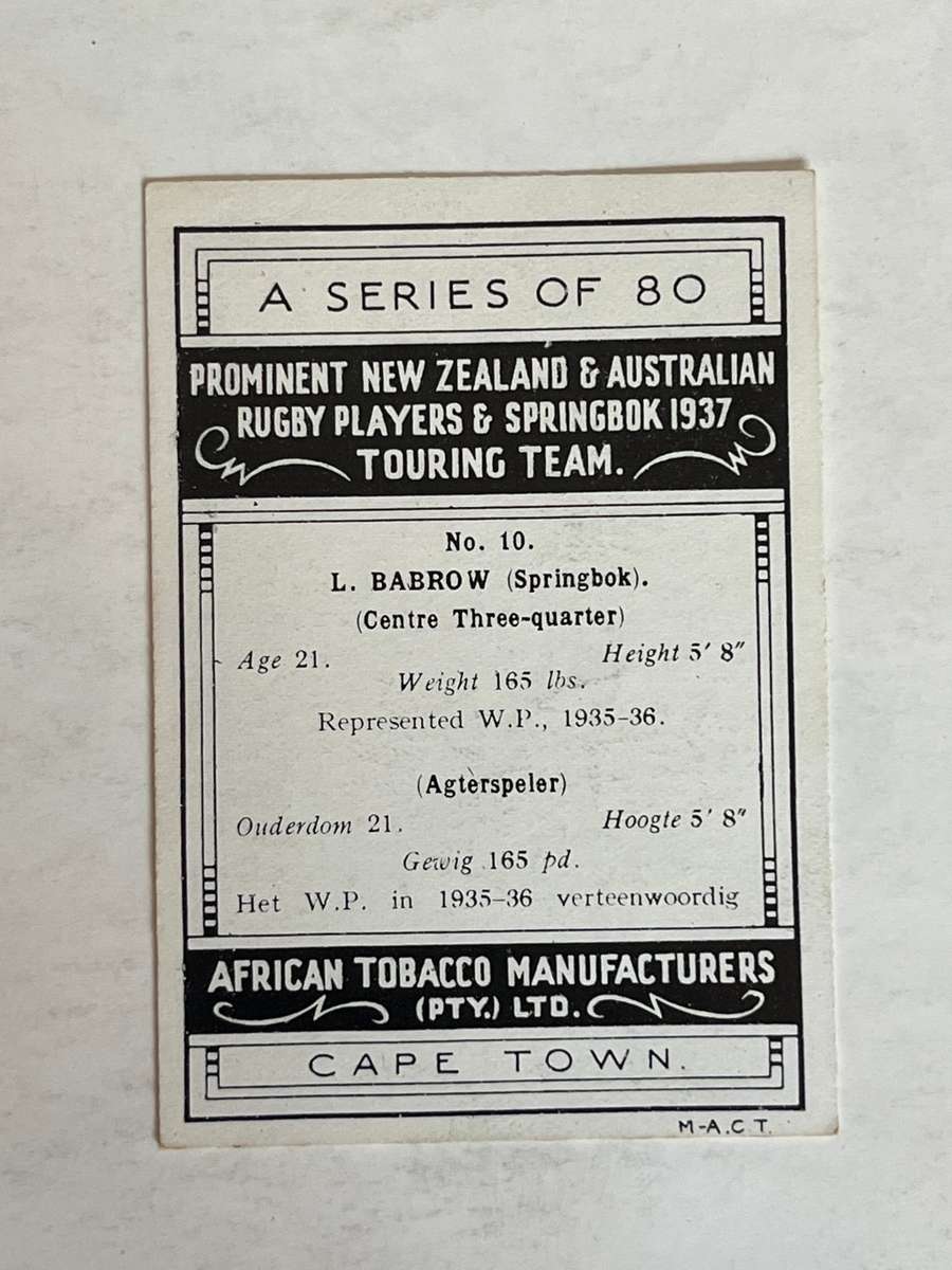 Rugby Card - 1937 African Tobacco Rugby/Cigarette Card (L Babrow nr10)