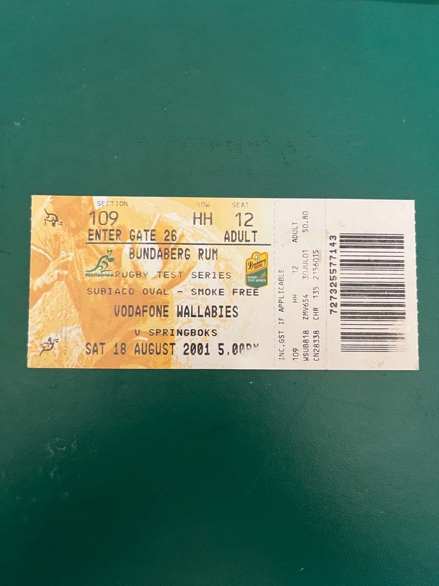 Rugby Ticket - Australia vs South-Africa Subiaco Oval 18/08/2001