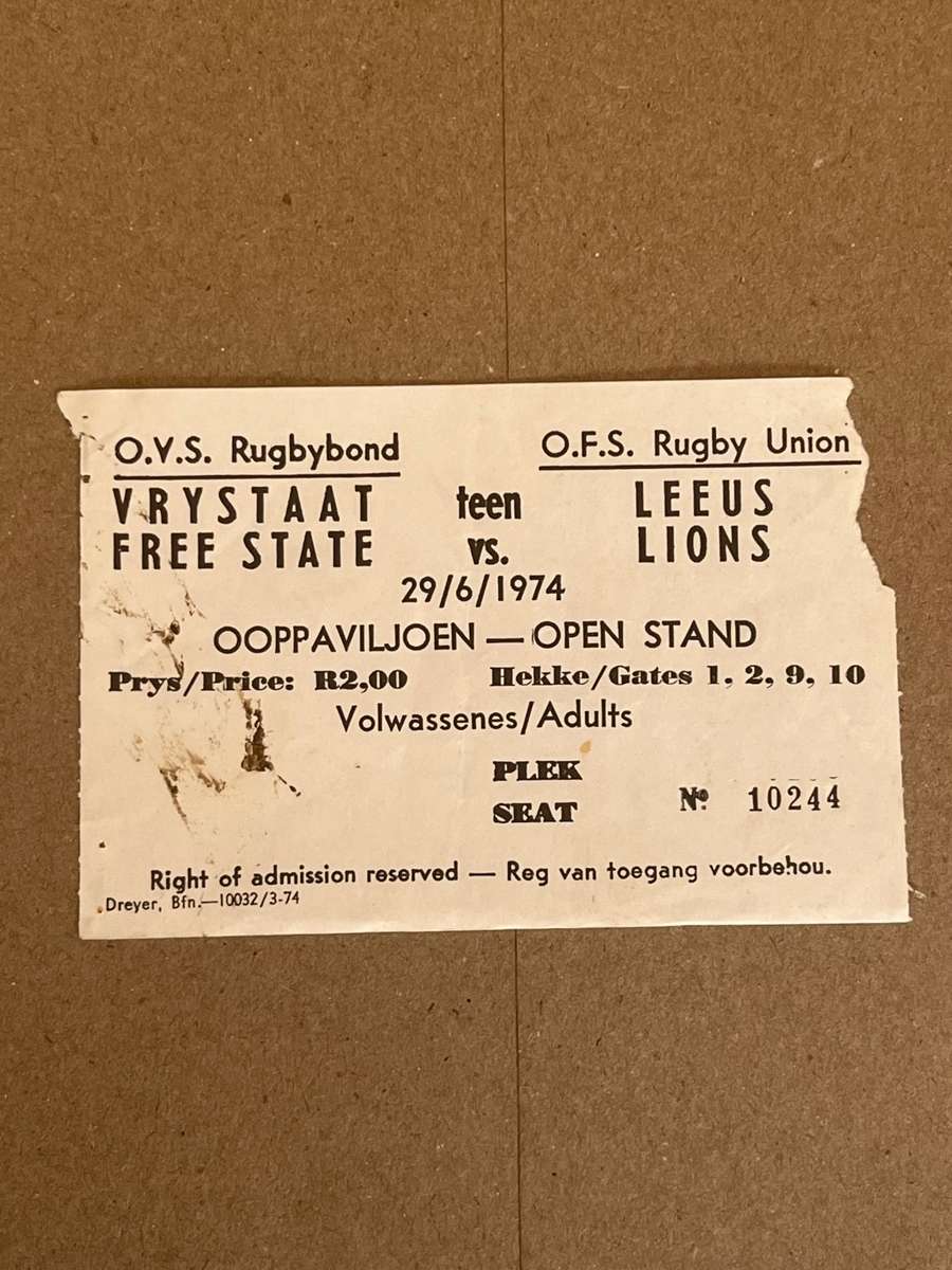 Rugby ticket - Free State vs British Lions 29/06/1974