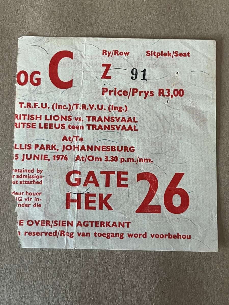 Rugby Ticket - Transvaal vs British Lions 15/06/1974