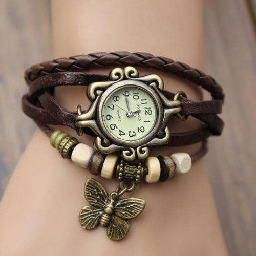 COFFEE HIGH QUALITY WOMEN GENUINE LEATHER VINTAGE BRACELET WATCHES (BUTTERFLY)