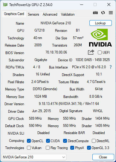 GIGABYTE NVIDIA GeForce 210 1GB GDDR3 64bit