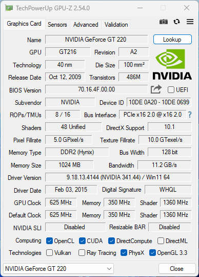 NVIDIA GeForce GT220 1GB GDDR2 128Bit