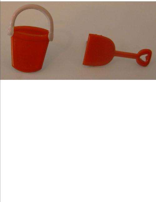 BRADS:  BUCKET AND SPADE - 2 pieces - size +- 25mm COLOUR ORANGE