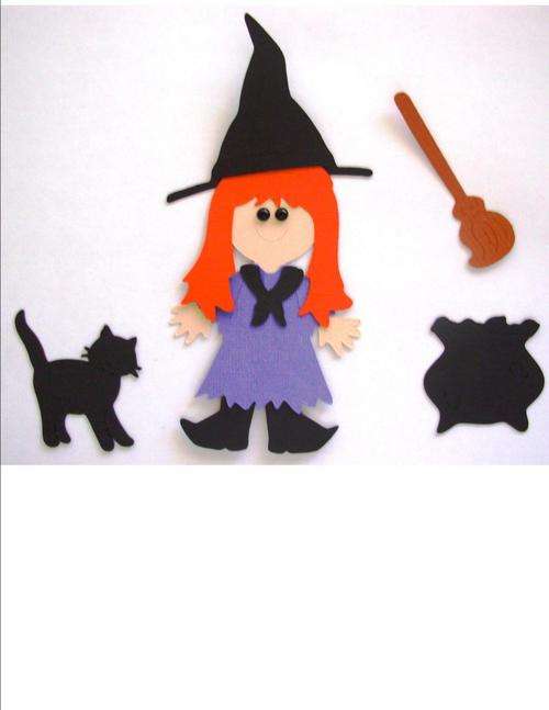 3-D WITCH - with black cat, cauldron and broom - size 10cm