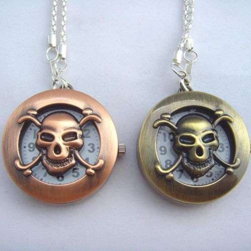 Goth Pirate SKULL Pocket Necklace Watch in bronze