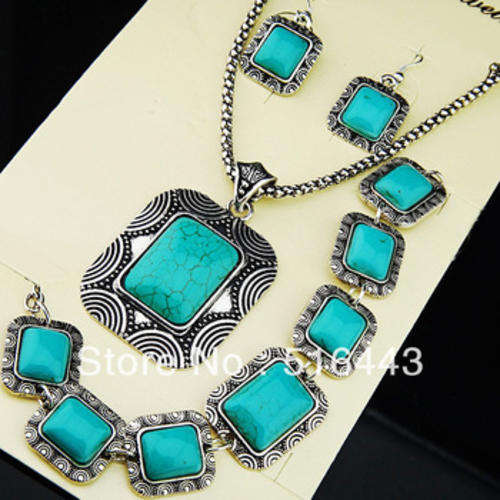 'FREE POSTAGE' Vintage Antique Silver Rectangular Turquoise Earrings Bracelet Necklace