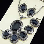 Set of Replica Antique Silver Oval Black Earrings Bracelet Necklace Women