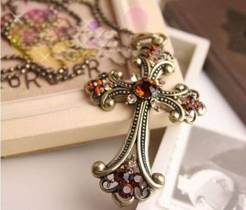 Bronze Vintage Style Orange Crystal Pendant Chain