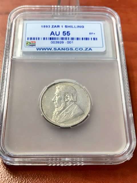 1893 One Shilling AU 55 - ( EF+ ) - Extremely Scarce in AU and a premium ZAR Coin.