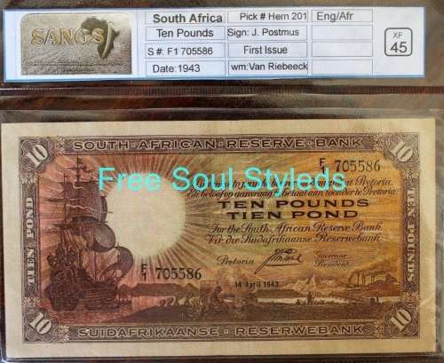 1943 J. Postmus 1st Issue Ten Pounds Note SANGS Graded  XF 45