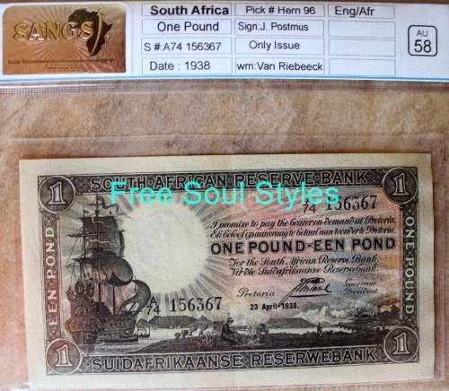 1938 J. Postmus 1 Pound Note SANGS Graded AU 58