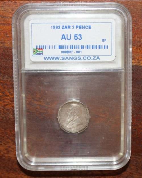 1893 ZAR 3 Pence SANGS Graded AU 53 - Catalogue Value R5 000.00