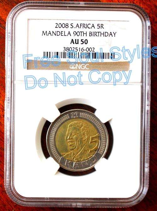2008 90th Birthday Mandela R5 Coin NGC Graded AU 50