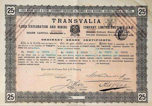 Rare 1892 Transvalia Mining Certificate