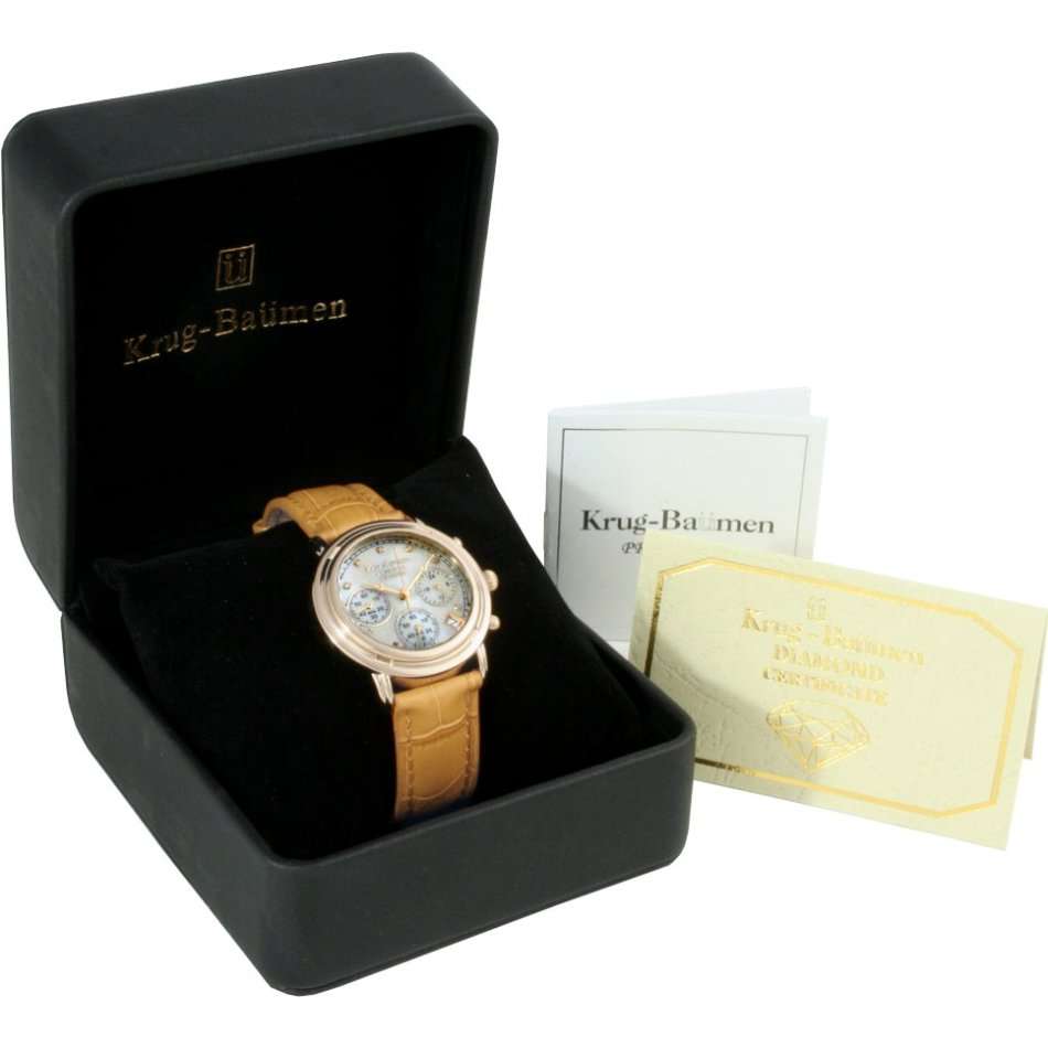 Krug Baumen Ladies Principle Diamond Gold, Champagne Mother of Pearl Dial, Tan Watch 150574DL