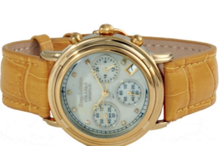 Krug Baumen Ladies Principle Diamond Gold, Champagne Mother of Pearl Dial, Tan Watch 150574DL