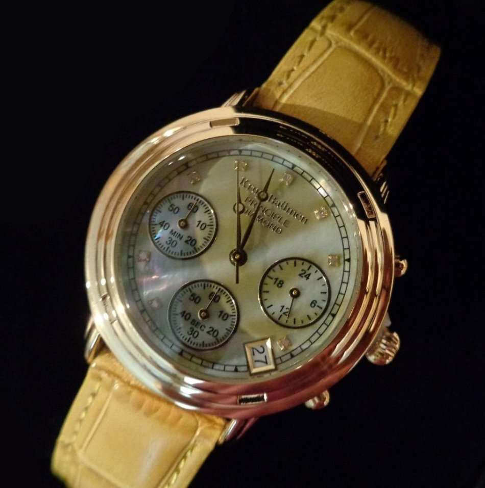 Krug Baumen Ladies Principle Diamond Gold, Champagne Mother of Pearl Dial, Tan Watch 150574DL