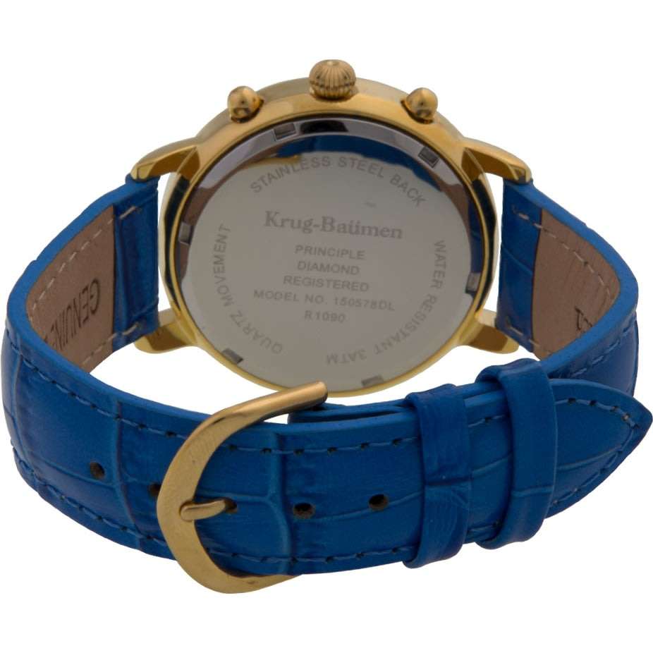 Brand new!!! Krug Baumen LADIES Principle CHRONO Gold 8X Genuine Diamond Blue Leather Watch RRP £790