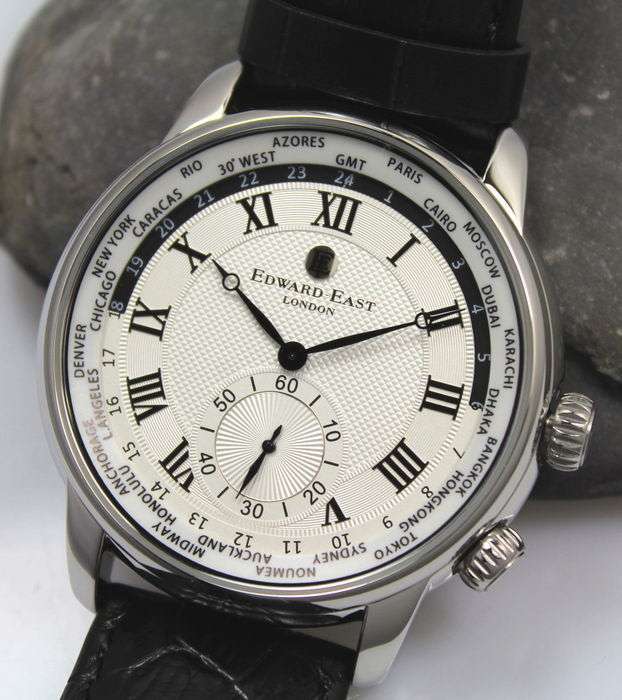 RETAIL R7,078.00 Edward East Stainless Steel WORLDTIMER Mens Black Leather Watch