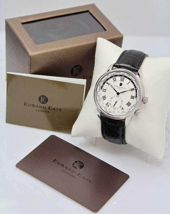 RETAIL R7,078.00 Edward East Stainless Steel WORLDTIMER Mens Black Leather Watch