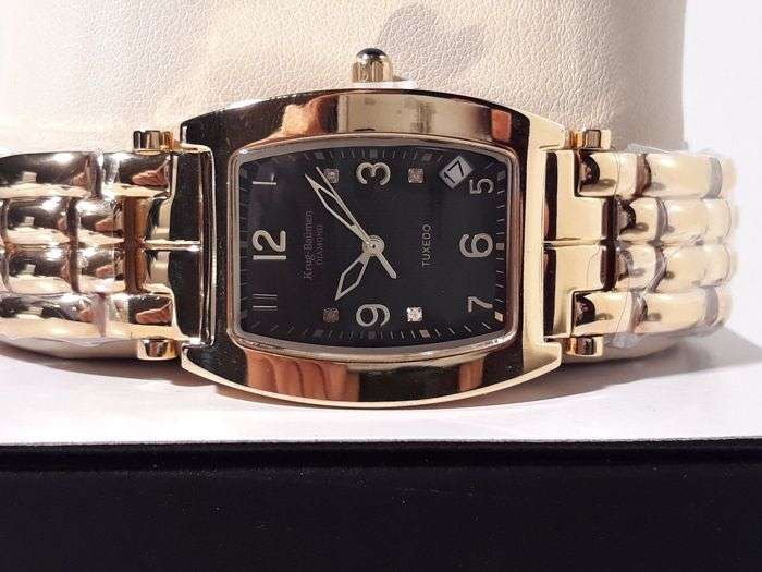 R1 Auction RETAIL R10,314.58 Krug-Baumen LADIES Tuxedo Gold  4X REAL Diamond BLACK Dial Gold Strap