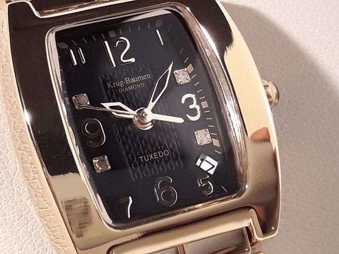R1 Auction RETAIL R10,314.58 Krug-Baumen LADIES Tuxedo Gold  4X REAL Diamond BLACK Dial Gold Strap