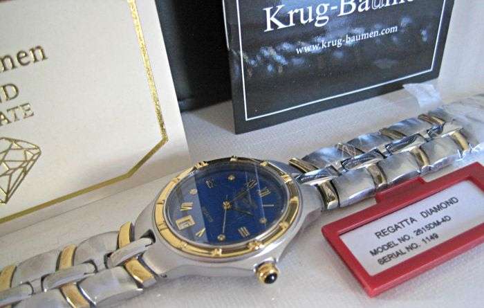 NEW RRP £605 Krug Baumen MEN Regatta 4X Genuine Diamond Blue Dial Two Tone Watch