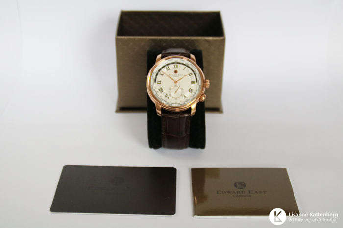 New £395 RRP Edward East ROSE GOLD WORLDTIMER Mens Black Leather Watch