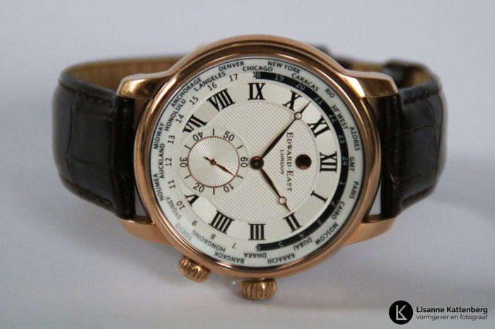 New £395 RRP Edward East ROSE GOLD WORLDTIMER Mens Black Leather Watch