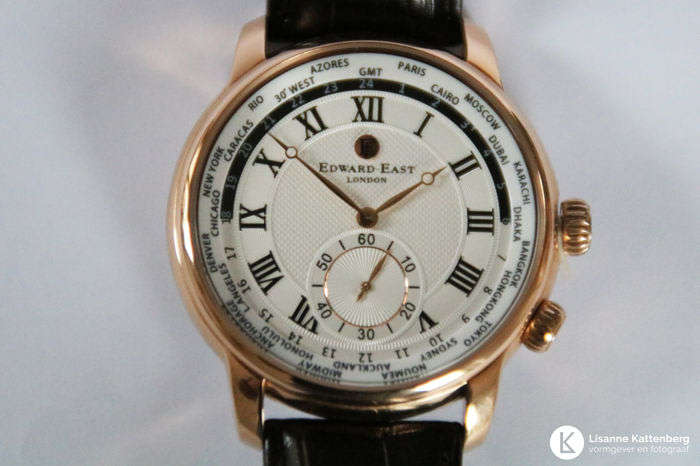 New £395 RRP Edward East ROSE GOLD WORLDTIMER Mens Black Leather Watch