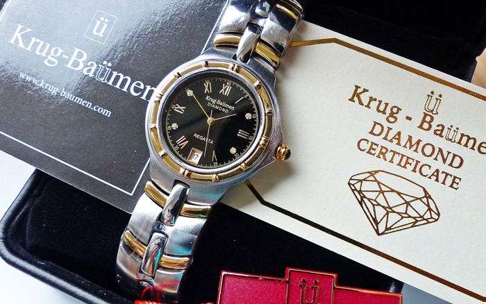 RETAIL: R10,097 Krug Baumen LADIES Regatta 4X Genuine Diamond Black Dial Two Tone Watch