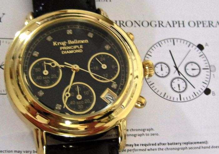 Retail: R14,595.77 Krug Baumen MEN Principle CHRONO Gold 8X  Diamond  Leather Watch