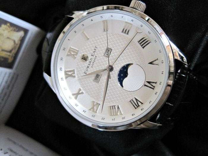 RRP: £490.00 Edward East Moon Phase Mens Black Leather Strap Watch