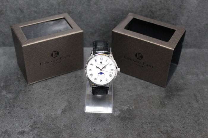 RRP: £490.00 Edward East Moon Phase Mens Black Leather Strap Watch