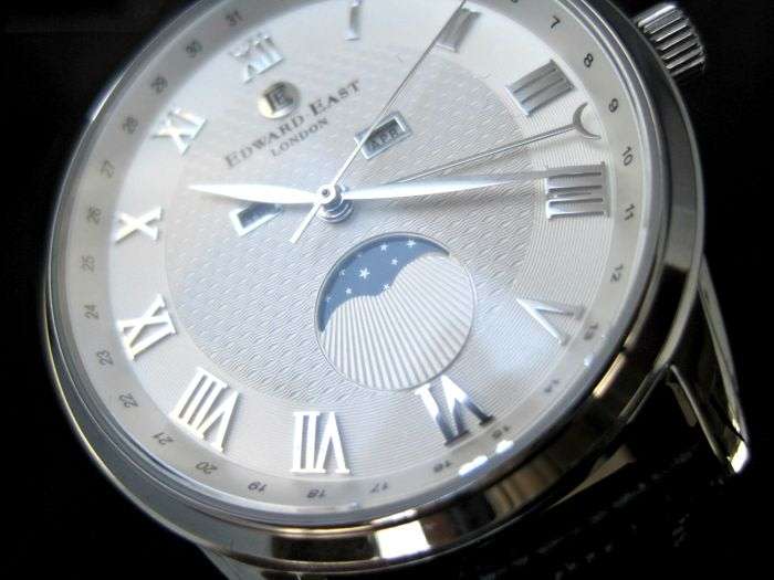 RRP: £490.00 Edward East Moon Phase Mens Black Leather Strap Watch