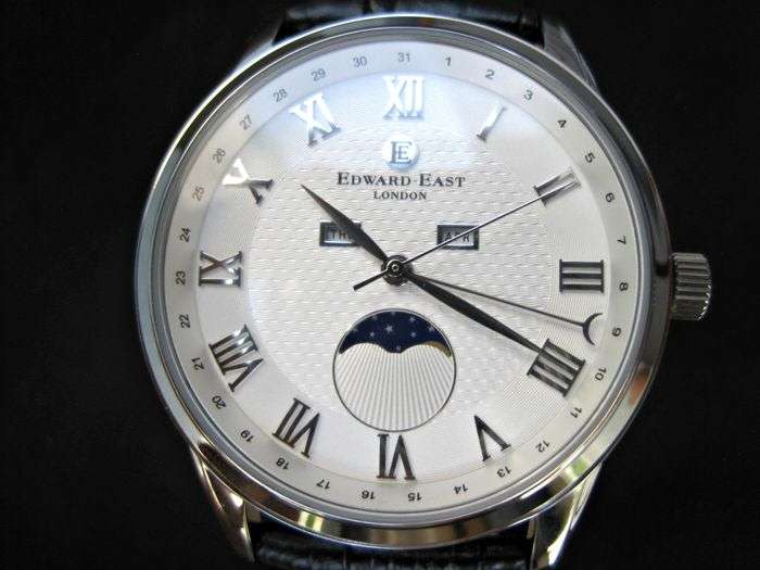 RRP: £490.00 Edward East Moon Phase Mens Black Leather Strap Watch